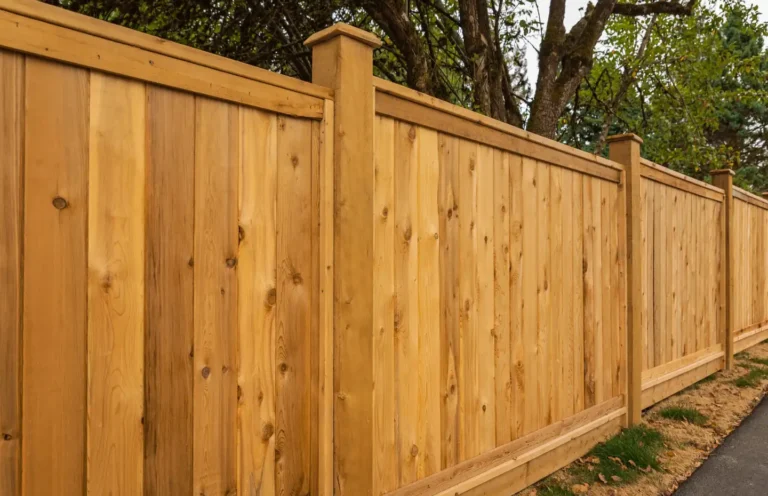 New cedar privacy fence with framed panels, solid posts and post caps, fence installation in Boise, Idaho