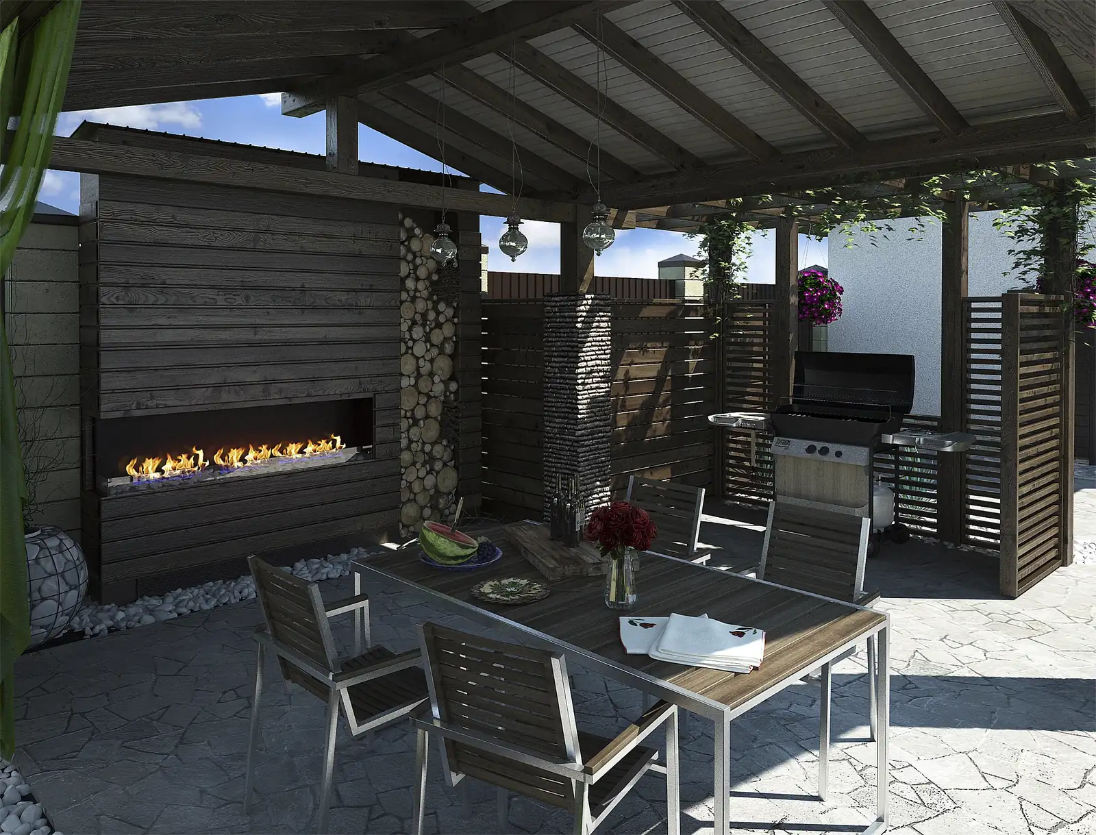 Covered outdoor kitchen and dining area with a grill, linear fireplace and timber-framed roof, outdoor kitchens in Boise, Idaho