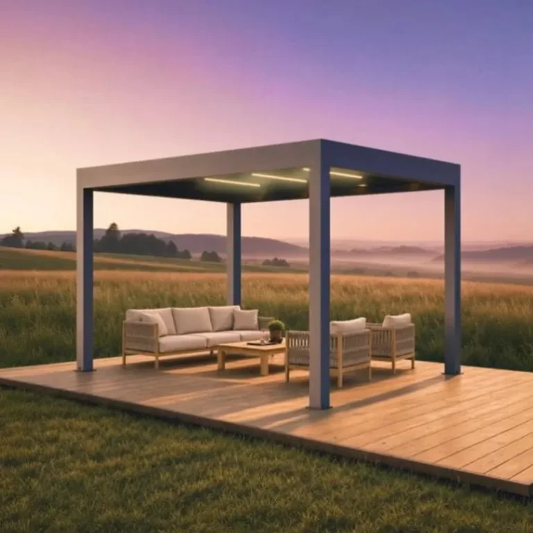 PERGOLUX motorized louvered pergola over a wood deck with outdoor seating at sunset, PERGOLUX pergolas in Boise, Idaho