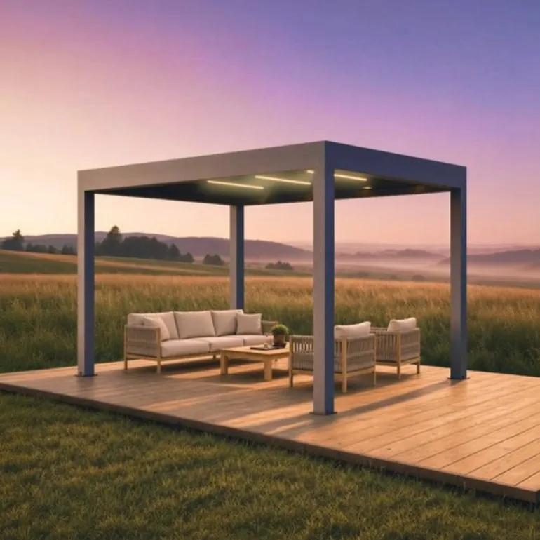 PERGOLUX motorized louvered pergola over a wood deck with outdoor seating at sunset, PERGOLUX pergolas in Boise, Idaho