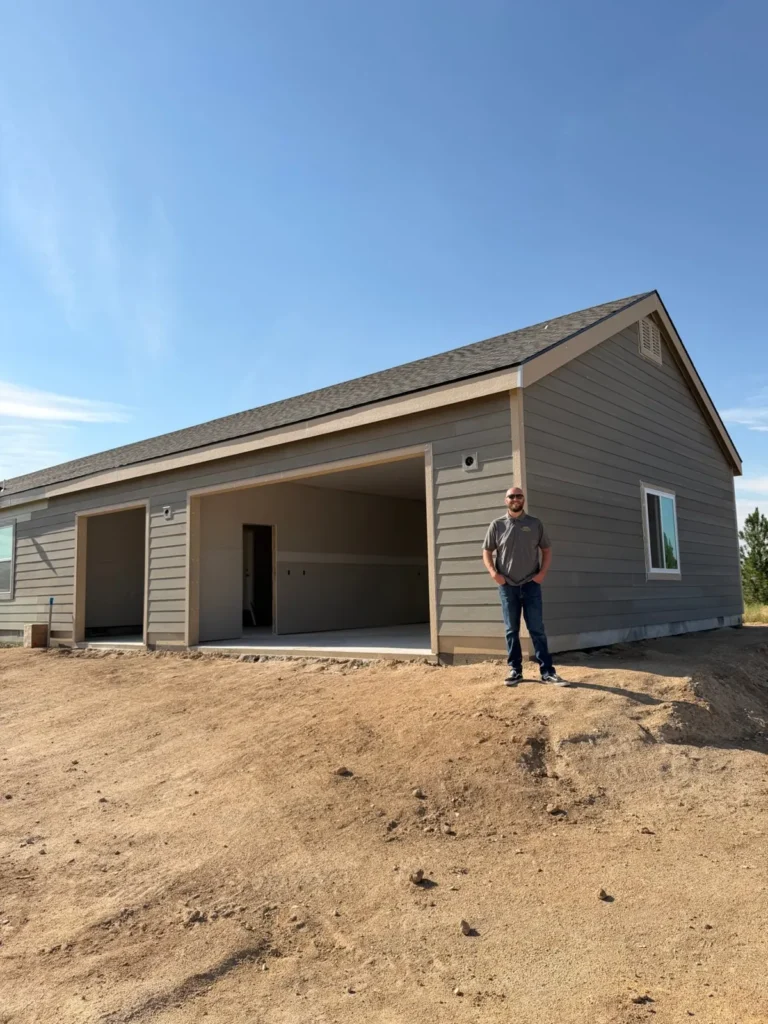 Mike Kemsley beside a three-car garage with siding matched to the home in Prairie, Idaho